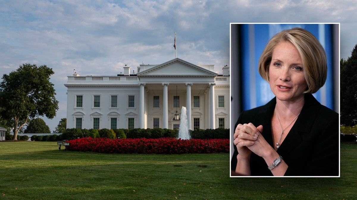 Dana Perino speaking as the White House press secretary, with a photo of the White House in background