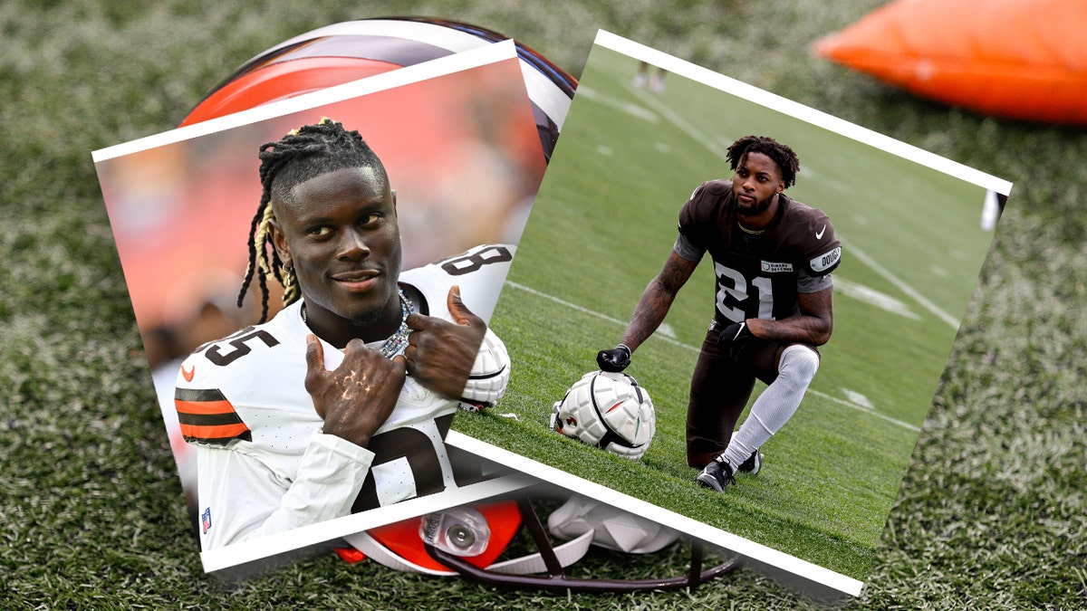 Al fondo, un casco de los Cleveland Browns descansa sobre el campo con una foto de David Njoku y Denzel Ward delante.