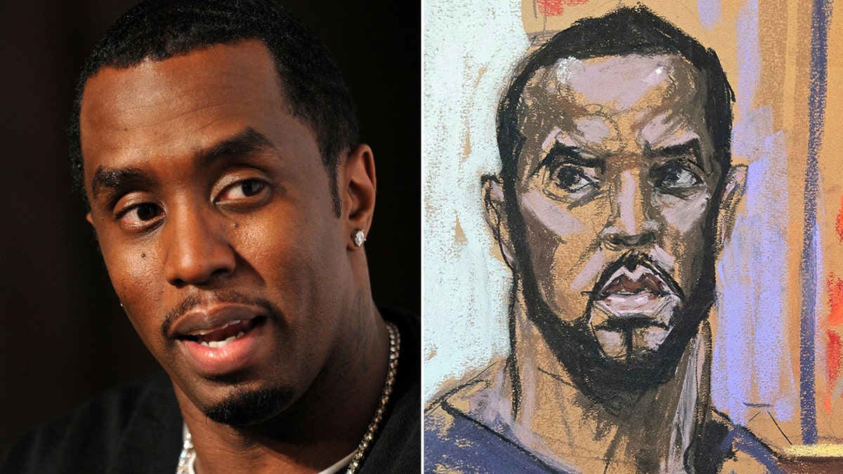 Un primer plano de Diddy junto a un boceto de la sala del tribunal.