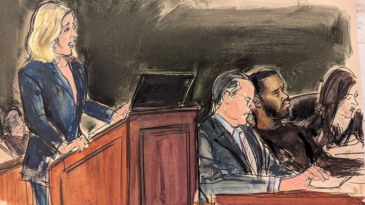 Assistant U.S. Attorney Emily Johnson courtroom sketch at Diddy bail hearing.