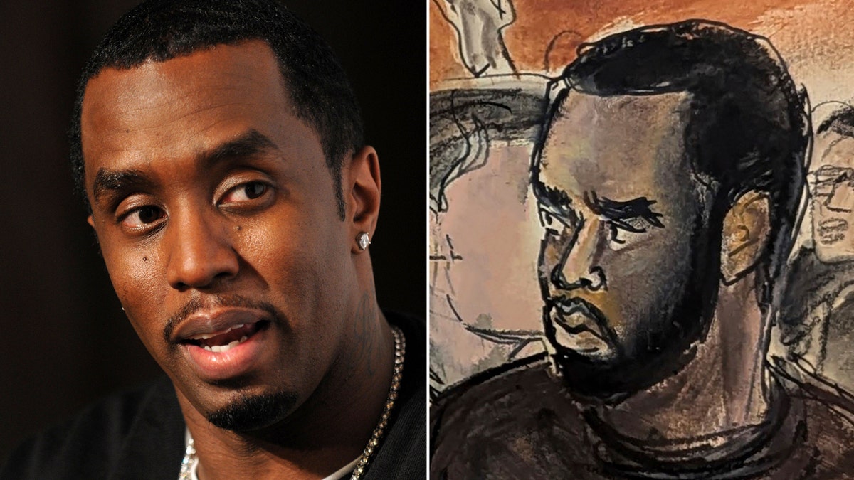 Un primer plano de Diddy junto a un boceto de la sala del tribunal