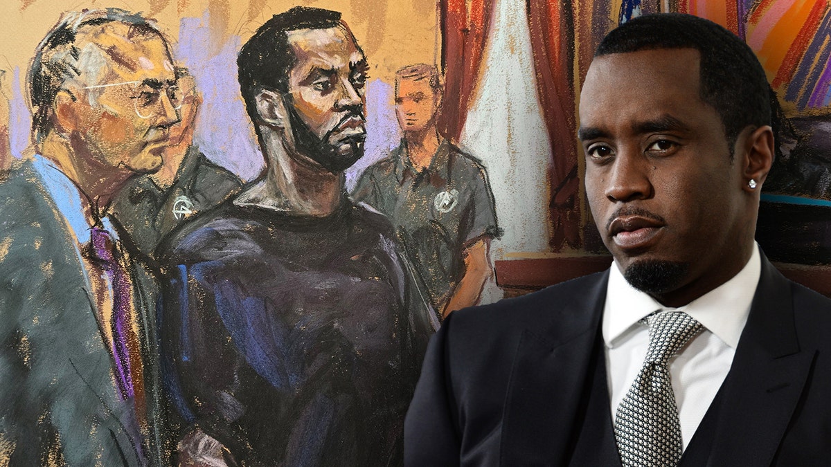 A courtroom sketch and close-up of Sean "Diddy" combs