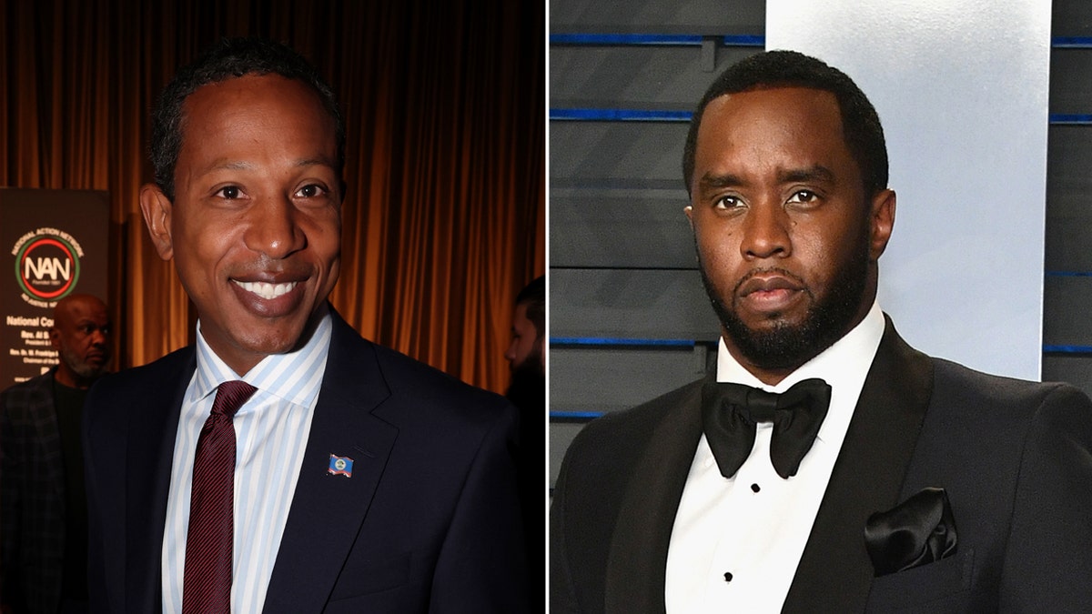 O ex-rapper Shyne usa um terno ao lado de Diddy em um smoking preto.