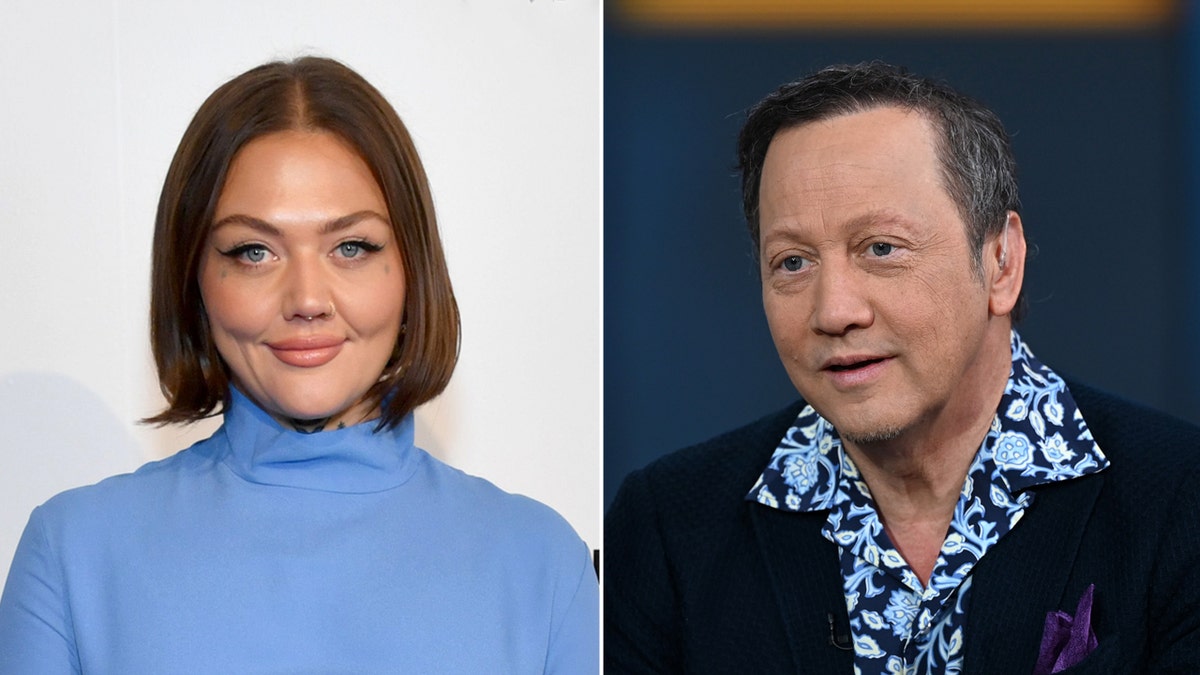 Rob Schneider wears bluish  suit   with floral garment  adjacent  to girl  Elle King successful  a bluish  dress