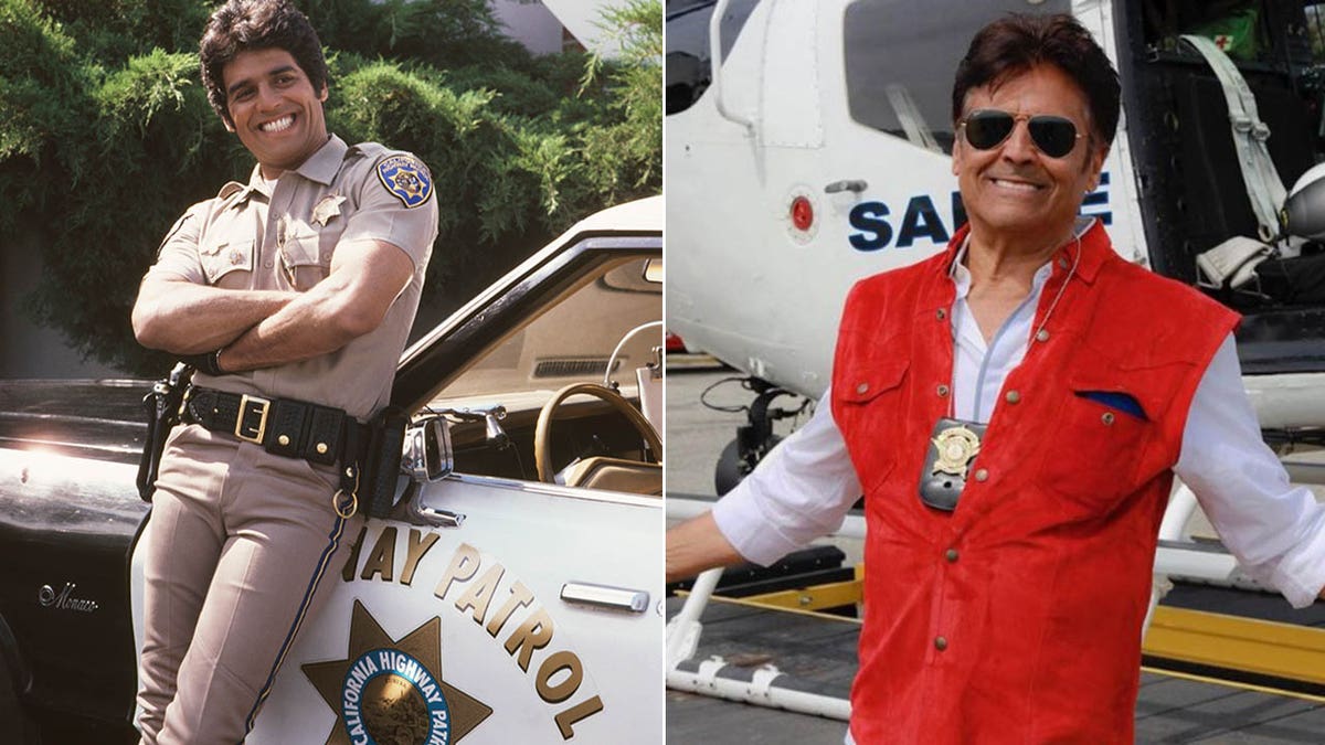 erik estrada en patatas fritas/erik con una placa delante de un helicóptero de la policía