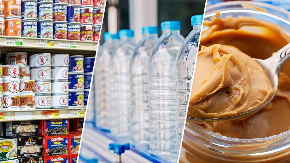 Imagen partida en tres de comida enlatada por un lado, botellas de agua en el centro y mantequilla de cacahuete por el otro.