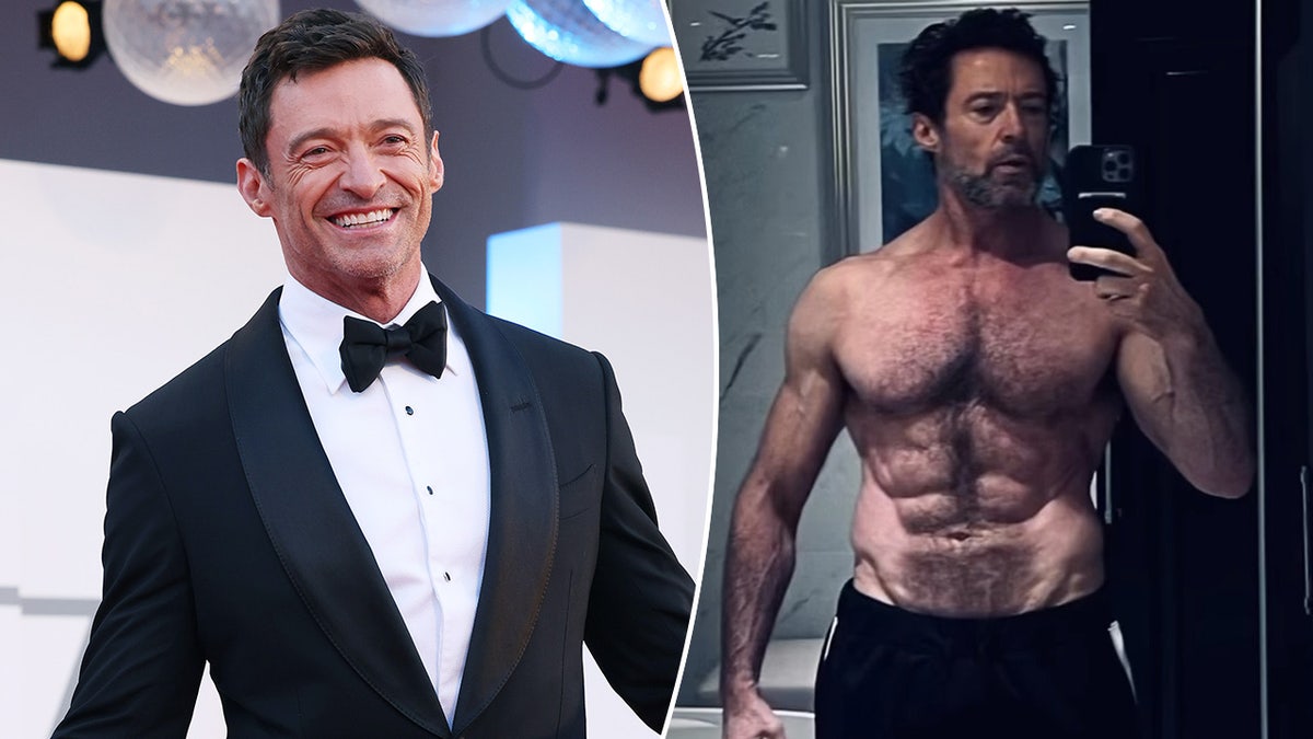 Hugh Jackman in tux and shirtless split