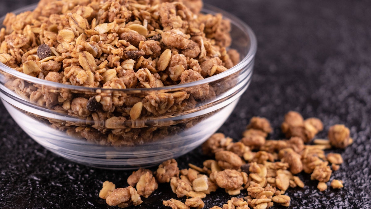 Homemade granola in a glass bowl