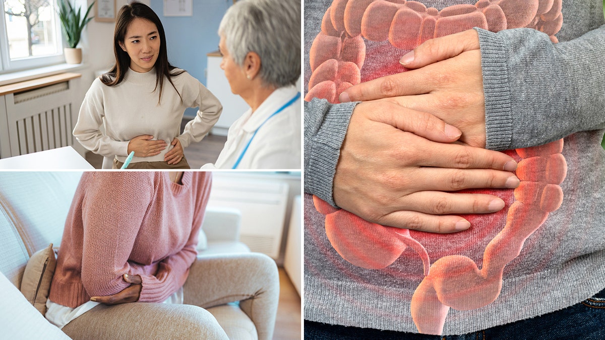 A woman at the doctor, a woman with stomach pain and a person holding stomach with illustration of intestine 