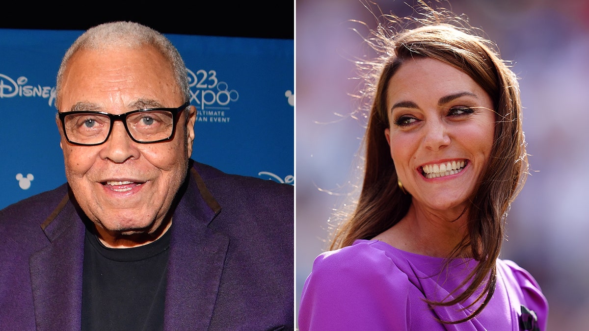 James Earl Jones smiles wearing black framed glasses and a dark purple suit split Kate Middleton in a bright purple dress beams and looks to her right at Wimbledon