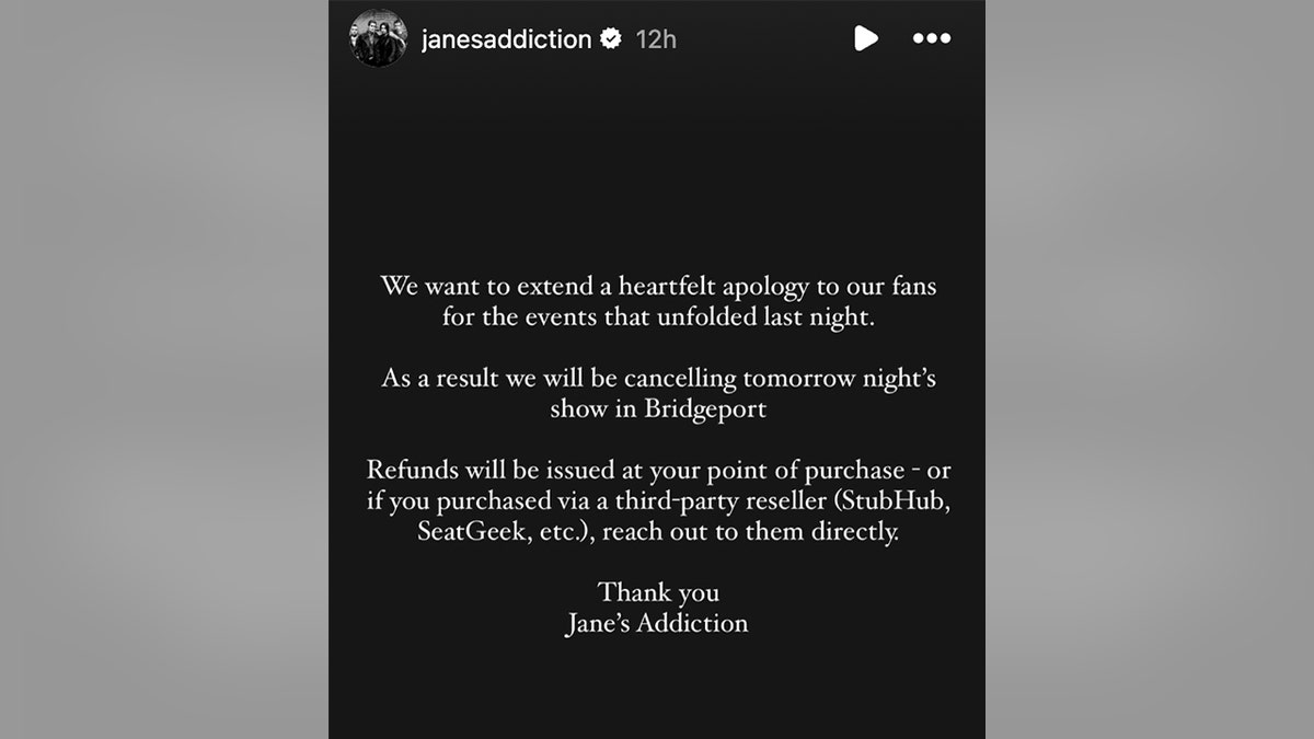 Captura de pantalla de la disculpa de Jane's Addiction compartida en las historias de Instagram