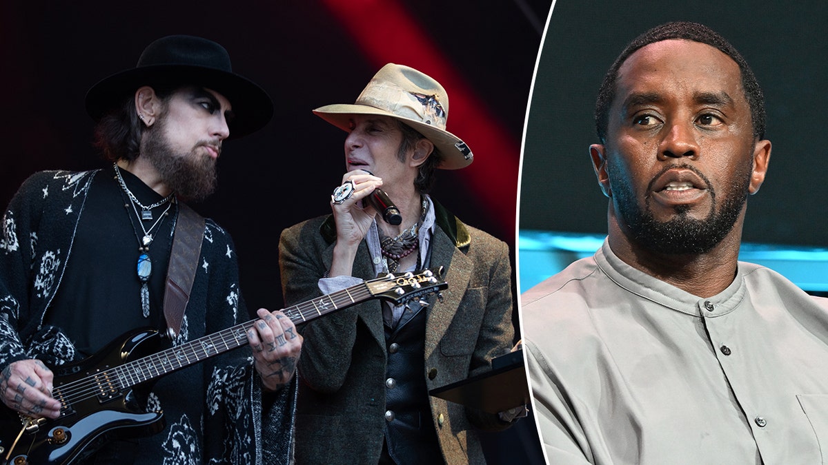 Jane's Addiction guitarist Dave Navarro in a black hat and black patterned shawl plays alongside frontman Perry Farrell in a tan hat and dark brown jacket split Sean 'Diddy' Combs in a grey long-sleeve shirt