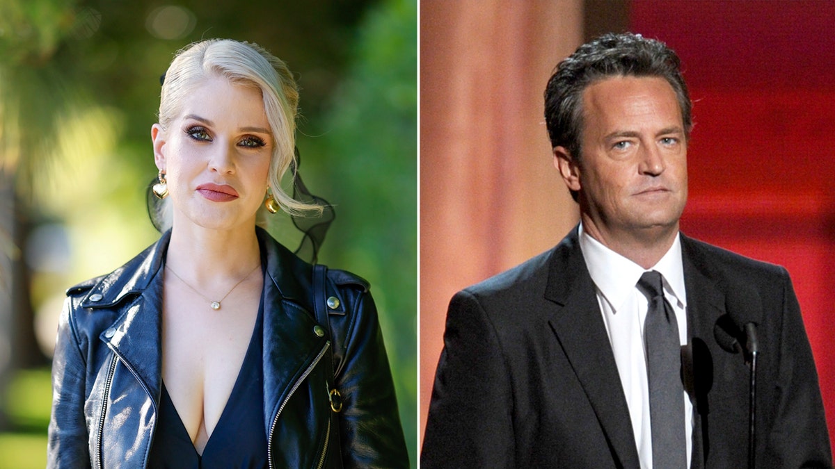 Kelly Osbourne lleva chaqueta de cuero junto a Matthew Perry con traje negro.