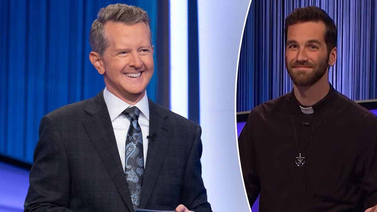 A photo of Ken Jennings and "hot priest" contestant on "Jeopardy!"