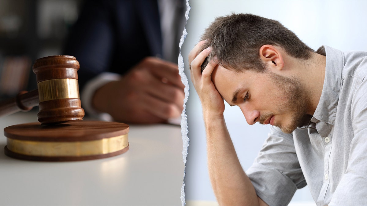 A lawyer signing court papers and a man with a stressed, sad expression