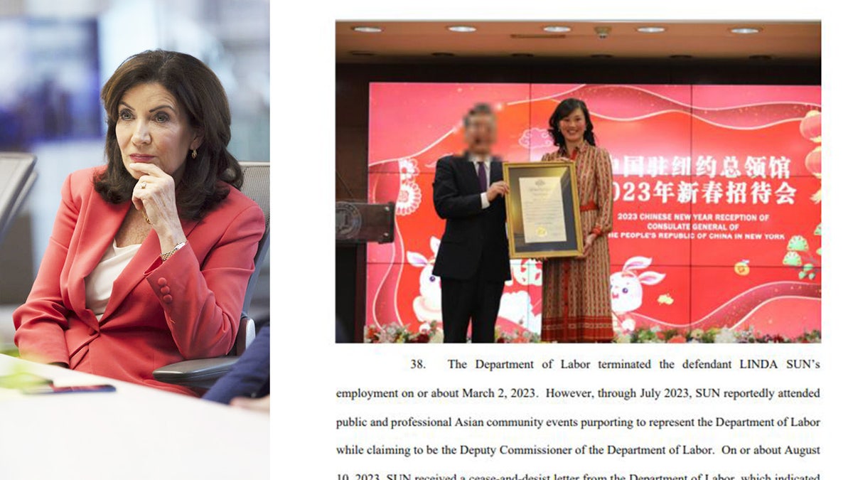 Linda Sun, a former aide to Governor Kathy Hochul (left), is charged with violating the Foreign Agents Registration Act and conspiracy to violate it. A photo of her (right) from the indictment shows her at a 2023 event hosted by the Consulate of the People's Republic of China in New York.