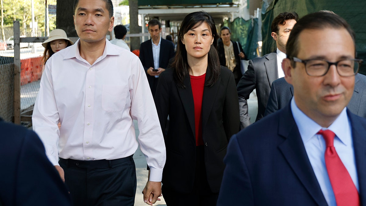 Linda Sun in front of the federal court in Brooklyn