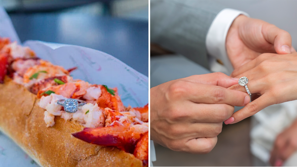 An engagement ring rests on top of a lobster roll at Pauli's North End in Boston. For $10,000, diners can receive both.