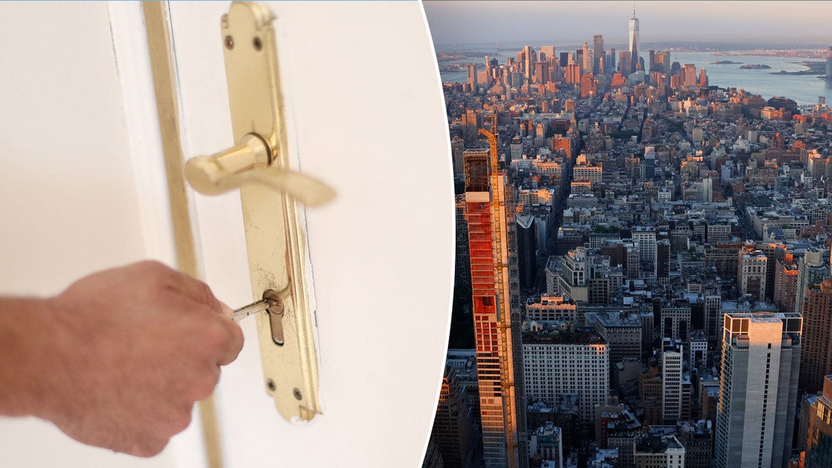 Una persona cerrando la puerta, y una vista de Nueva York desde el Empire State Building