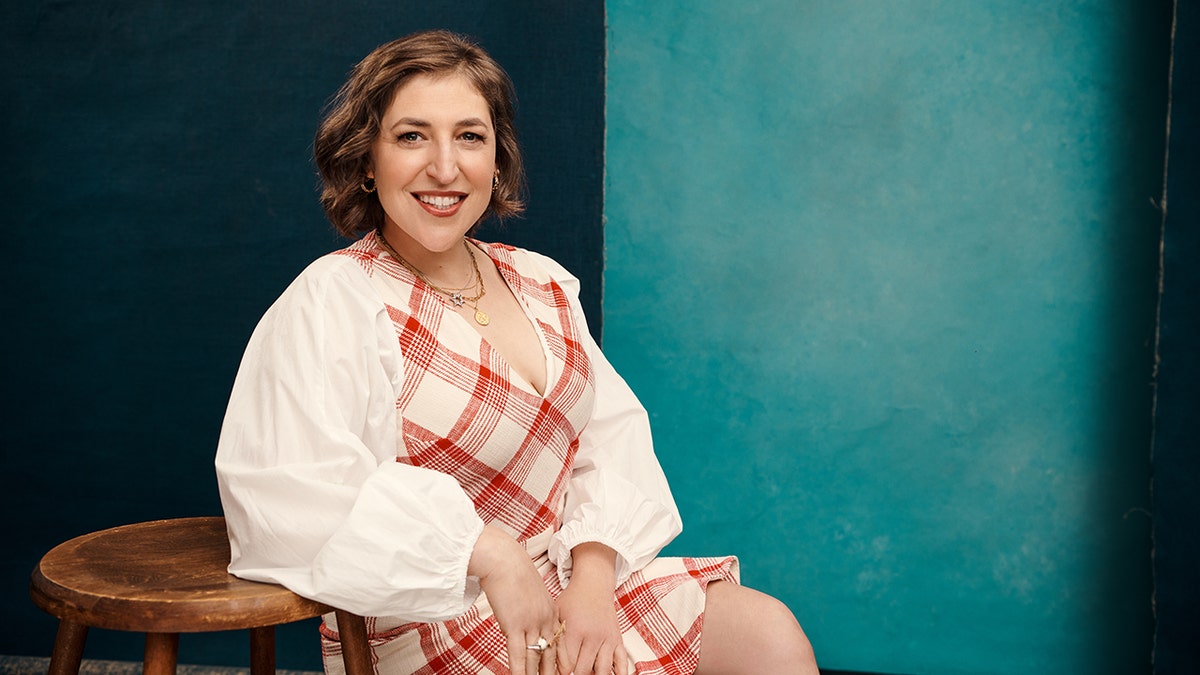 Mayim Bialik sentada frente a un muro verde