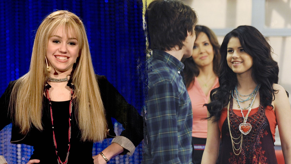 Miley Cyrus como Hannah Montana y Selena Gomez como Alex Russo