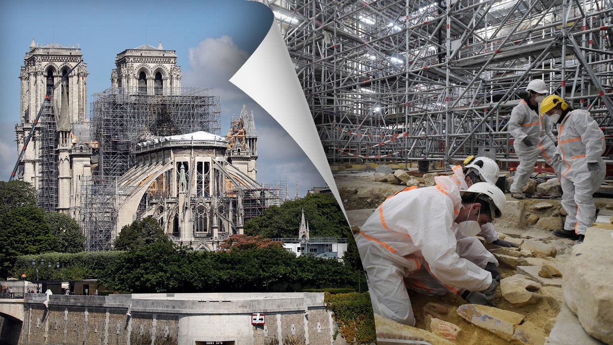 Catedral de Notre Dame y arqueólogos in situ