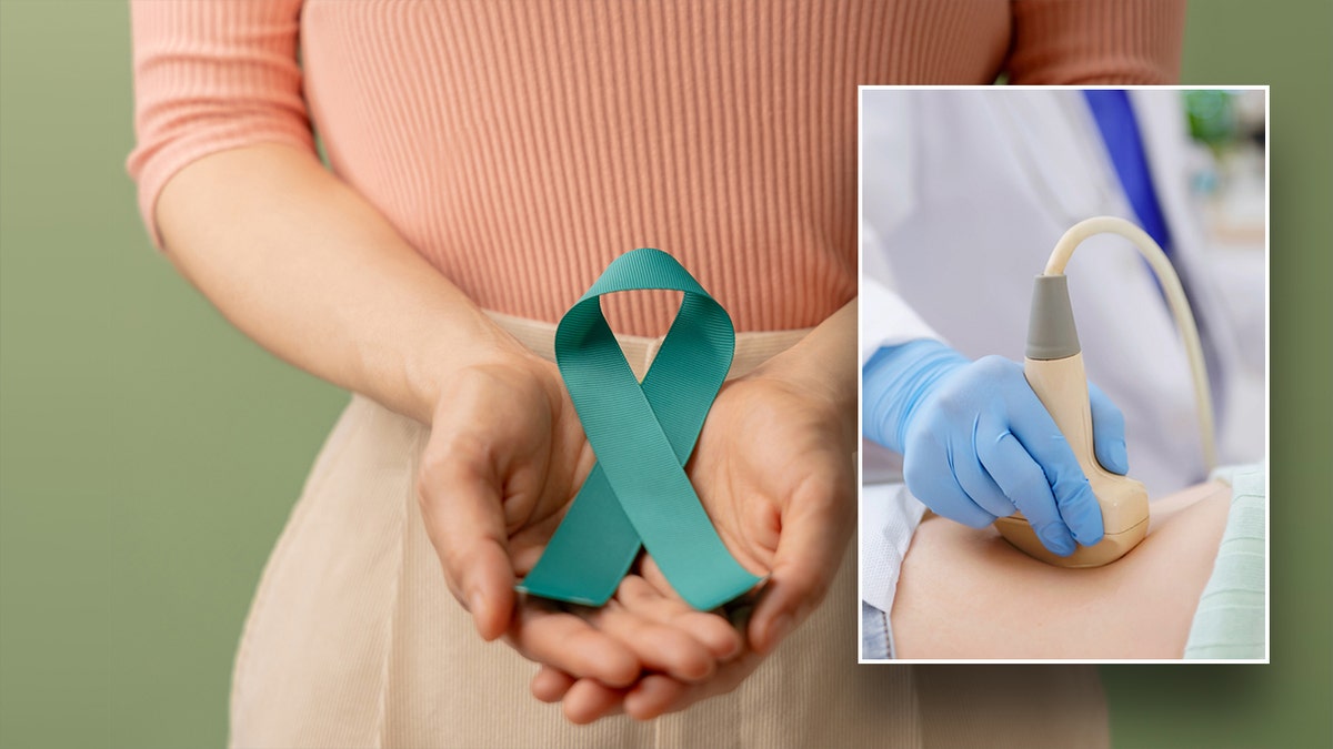 Woman holding ovarian crab  ribbon successful  the inheritance  of a pistillate   getting an ultrasound