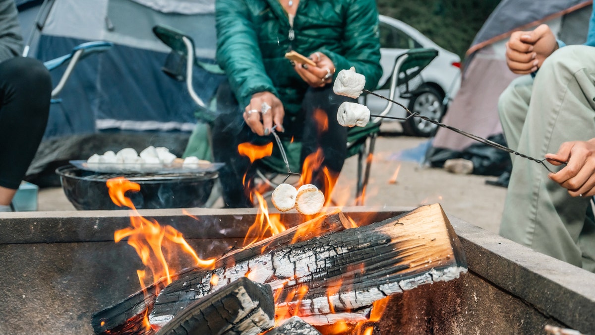 Menschen rösten Marshmallows über einem Lagerfeuer