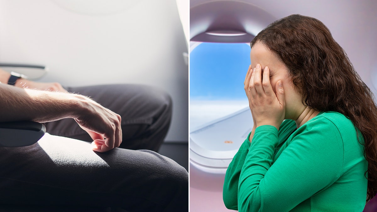 Man sitting on plane and frustrated woman