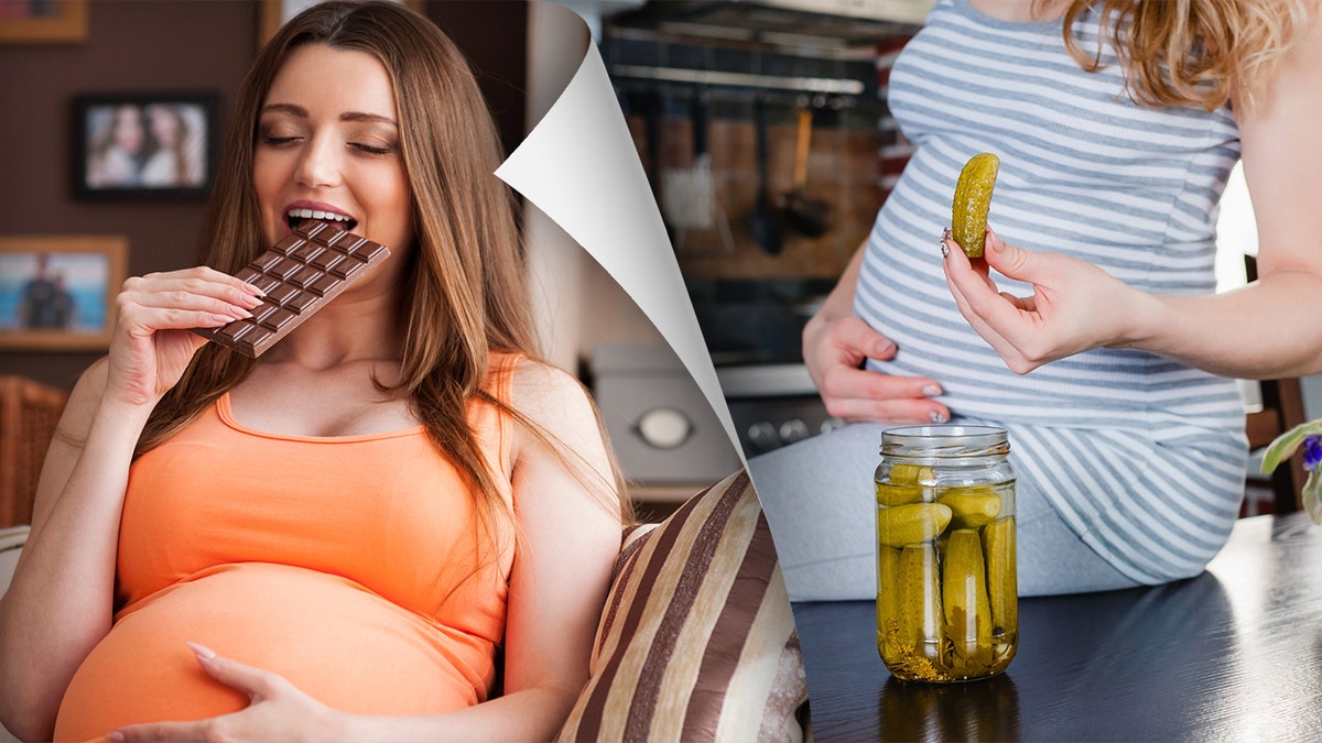 Mulher grávida comendo chocolate e uma mulher grávida comendo picles direto do pote