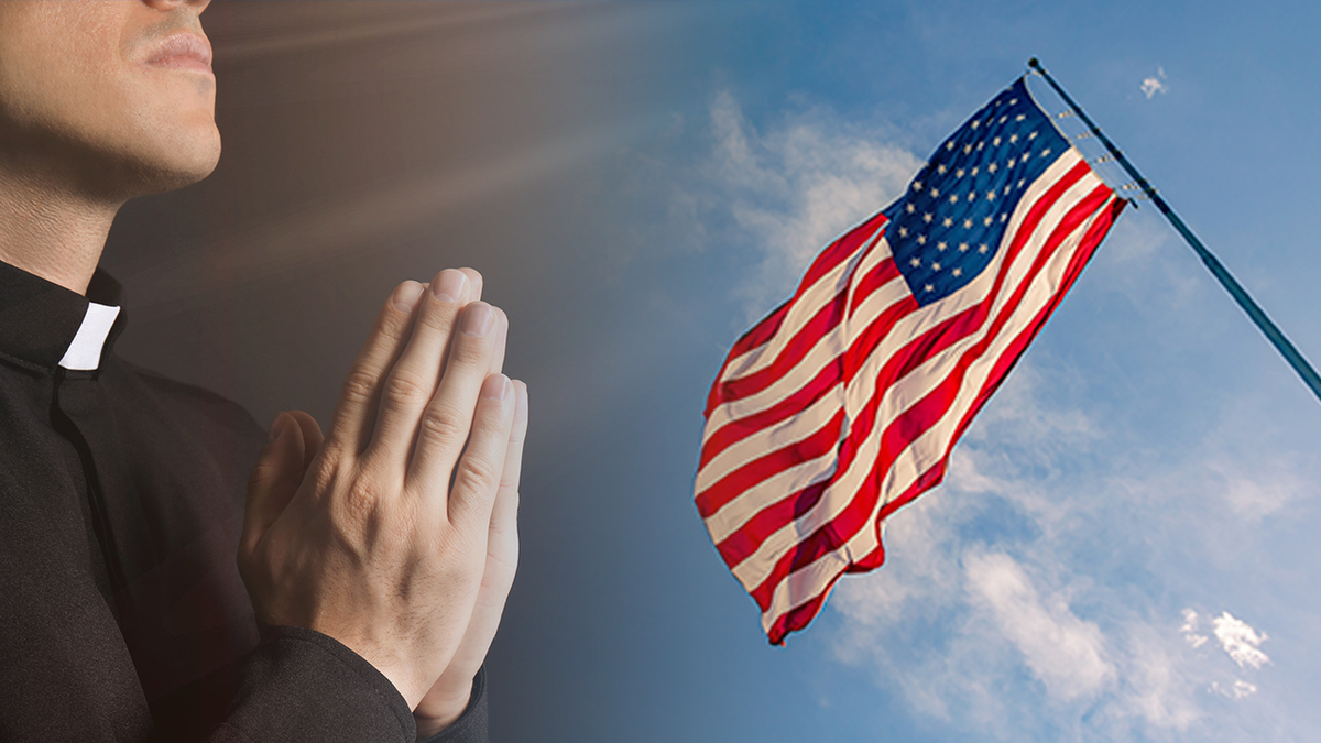 Stock images of praying priests and US flag