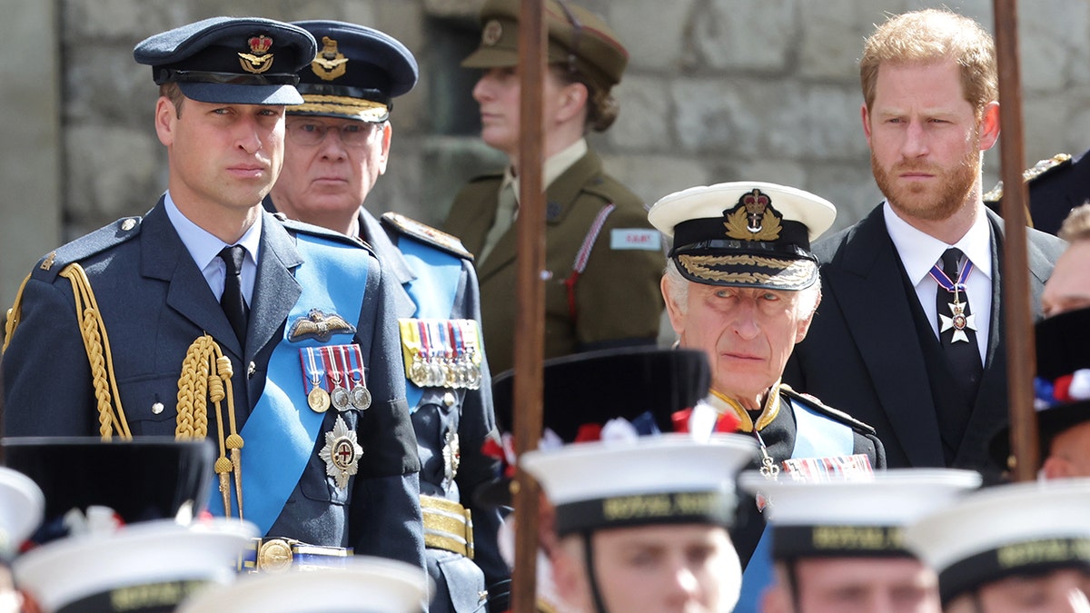 Prince William in uniform standing next to King Charles as Prince Harry watches on.