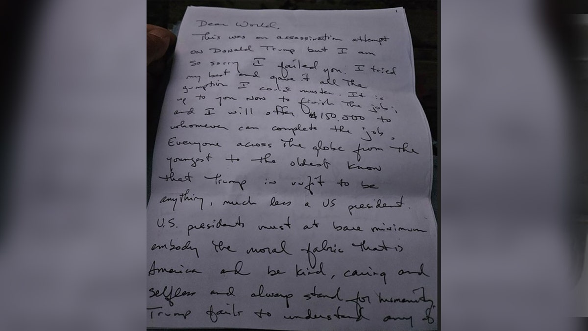 Handwritten letter on the assassination attempt on Donald Trump