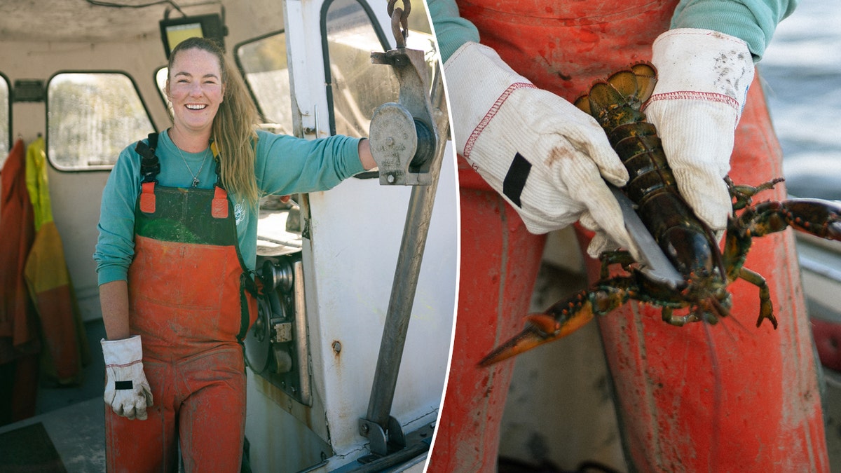 Sadie Samuels on her boat and measuring a lobster.