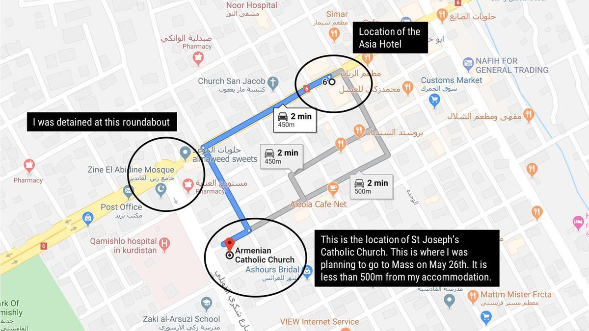 Mapa de los lugares a los que Sam Goodwin fue trasladado durante su estancia en Qamishli, Siria, en 2019. Cortesía de Sam Goodwin