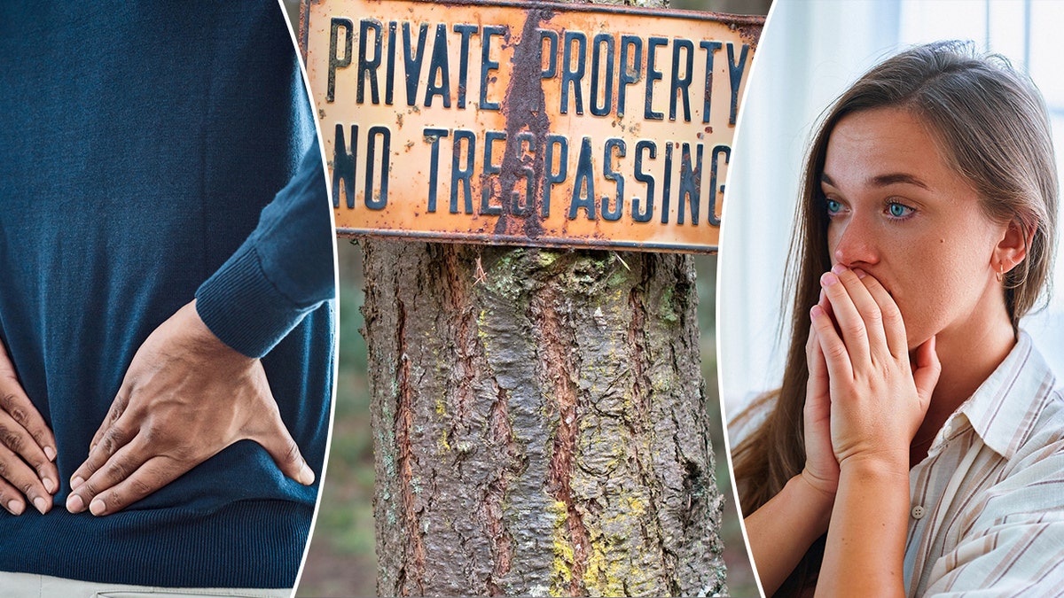 A man with backpain, a "no trespassing" sign and a woman crying