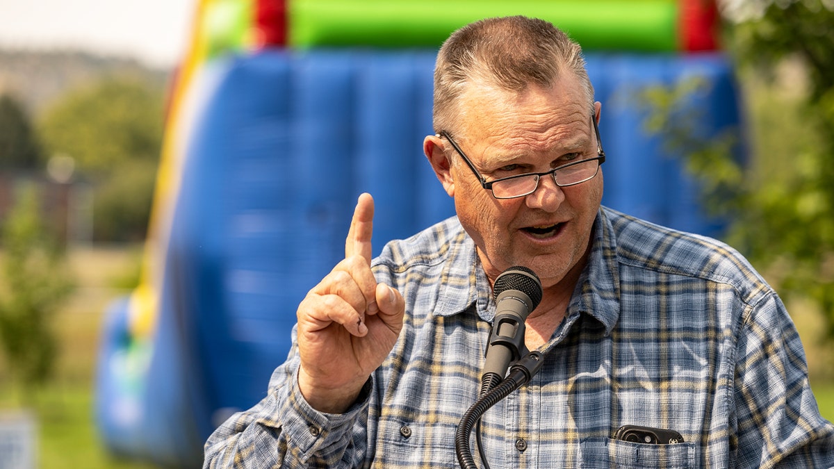 Sen. Jon Tester speaks to union members at a Labor Day campaign stop on Sept. 2, 2024, in Billings, Montana.