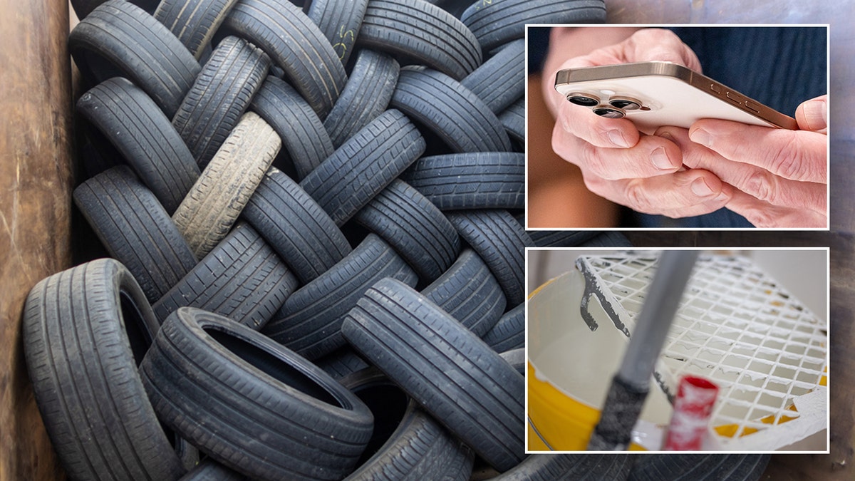 In the background, a photo of tires, with a close-up of person texting and a bucket of paint on the right