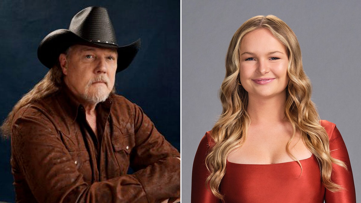 Trace Adkins portrait wearing black hat alongside Mackenzie daughter in red bodysuit.