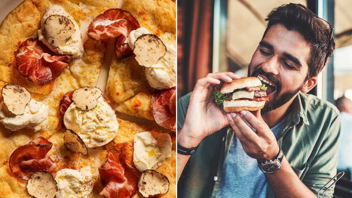 Pizza y hombre comiendo hamburguesa