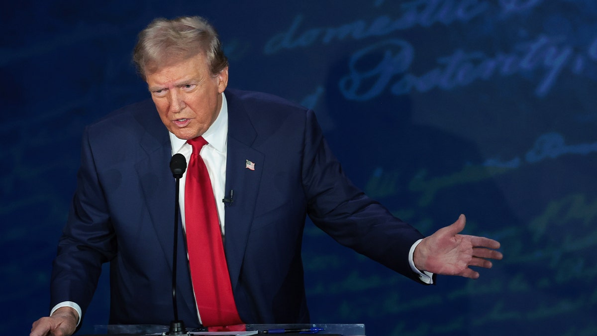 Republican presidential nominee former President Donald Trump debates Democratic presidential nominee Vice President Kamala Harris for the first time during the presidential election campaign at The National Constitution Center on Sept. 10, 2024, in Philadelphia.