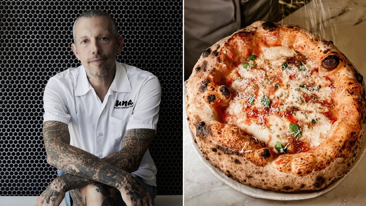 Imagem Dividida Do Chef Anthony Com Uma Pizza.