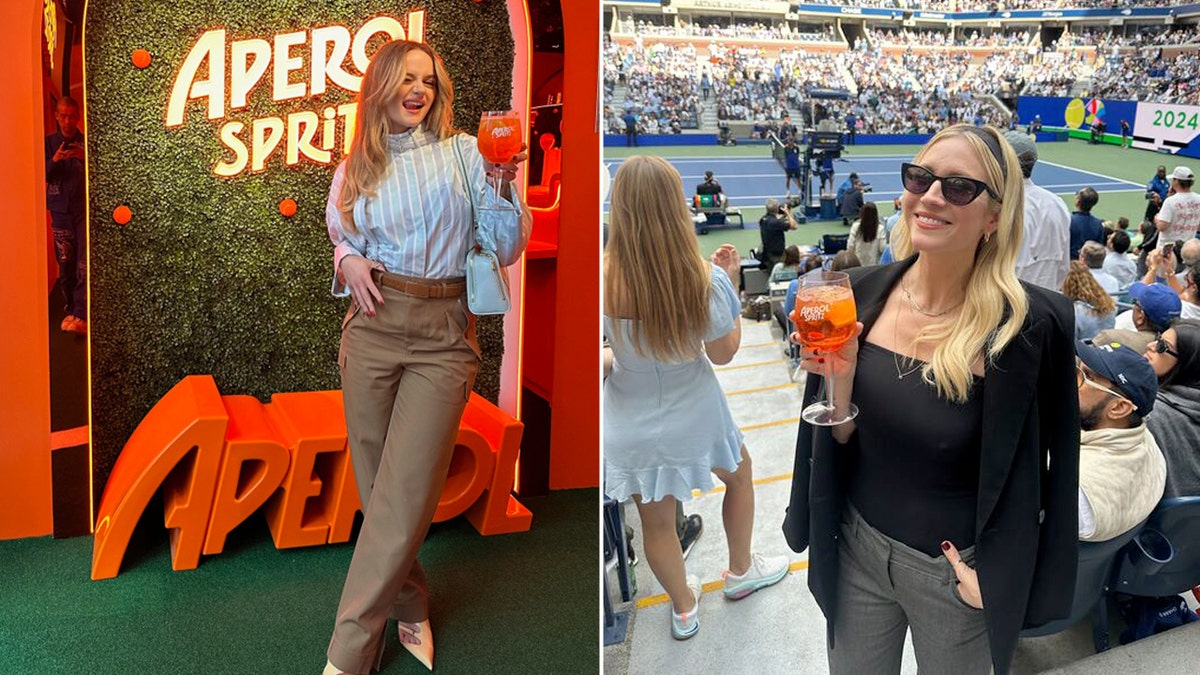 Actors Brittany Snow and Joey King hold drinks at US Open