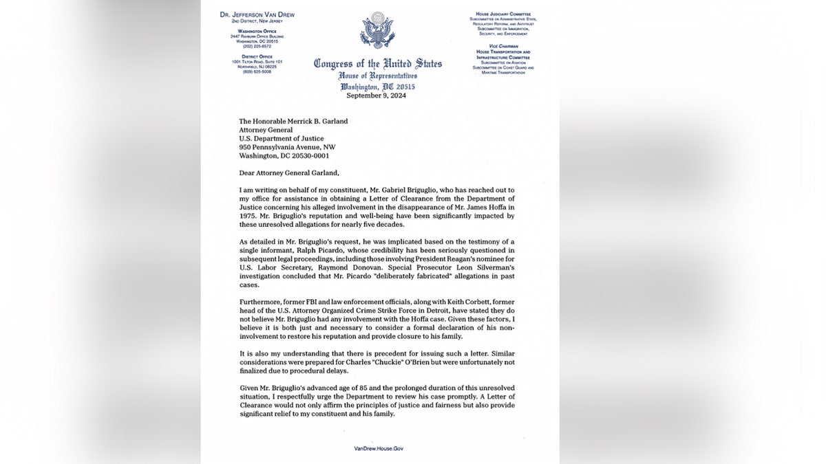 Carta del congresista Jeff Van Drew al fiscal general Merrick Garland para que limpie el nombre de Gabe Briguglios