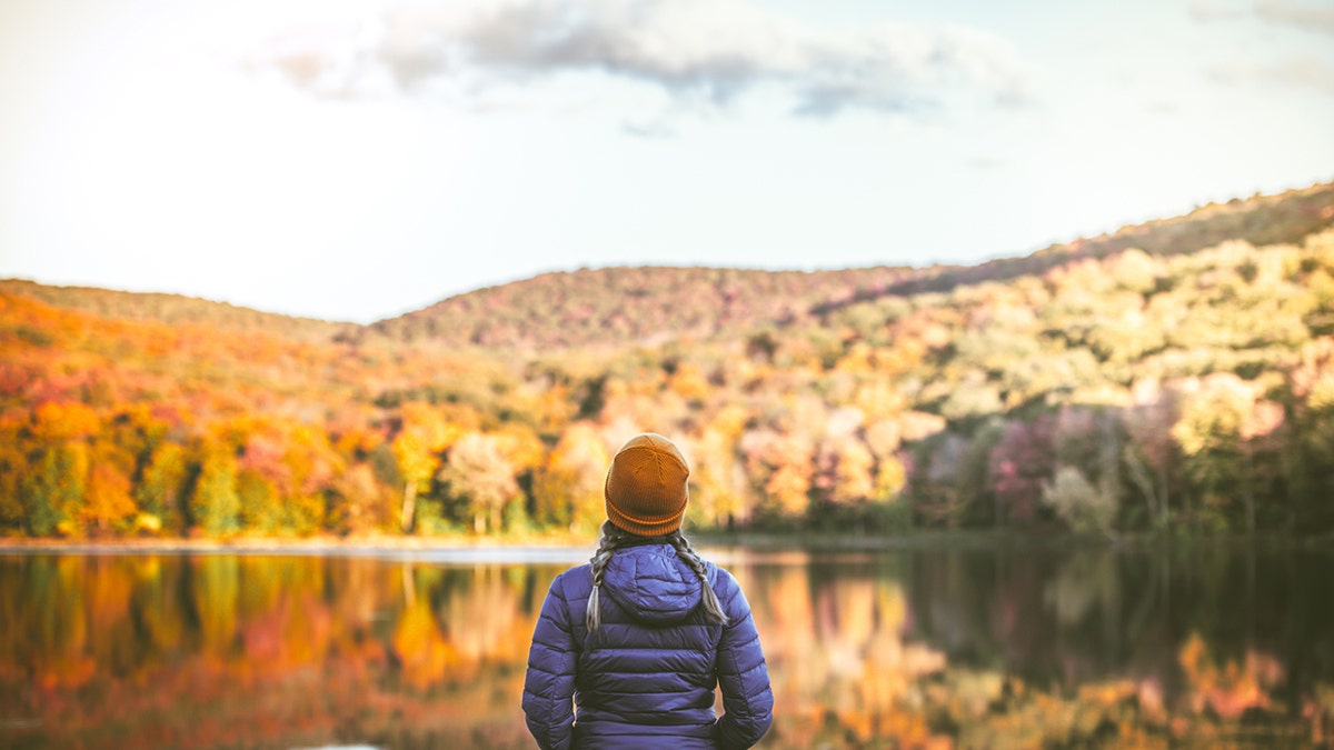 mujer con vistas al follaje de otoño