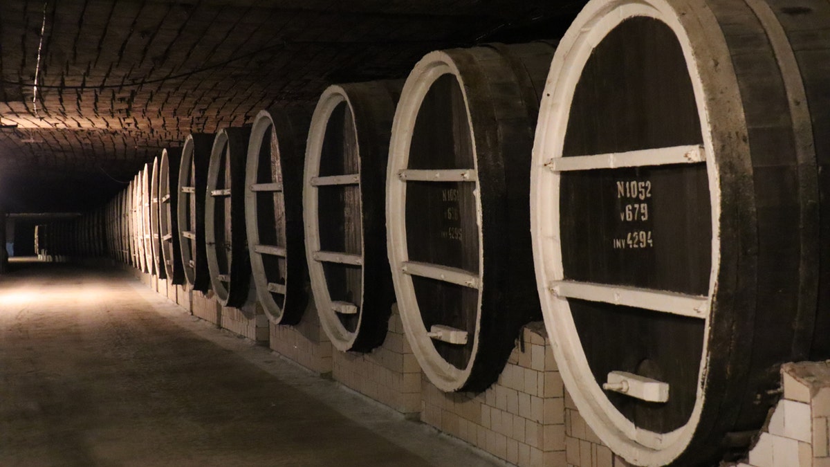 Large barrels that hold bottles of wine in Milestii Mici