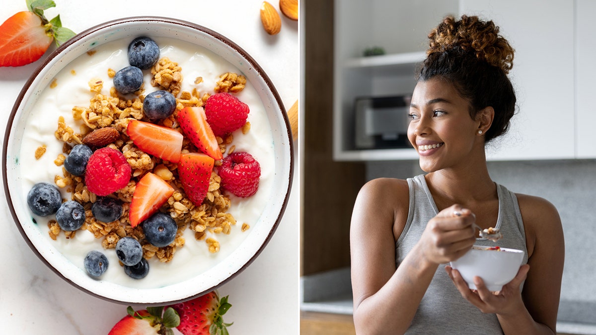 Yogurt and woman eating yogurt