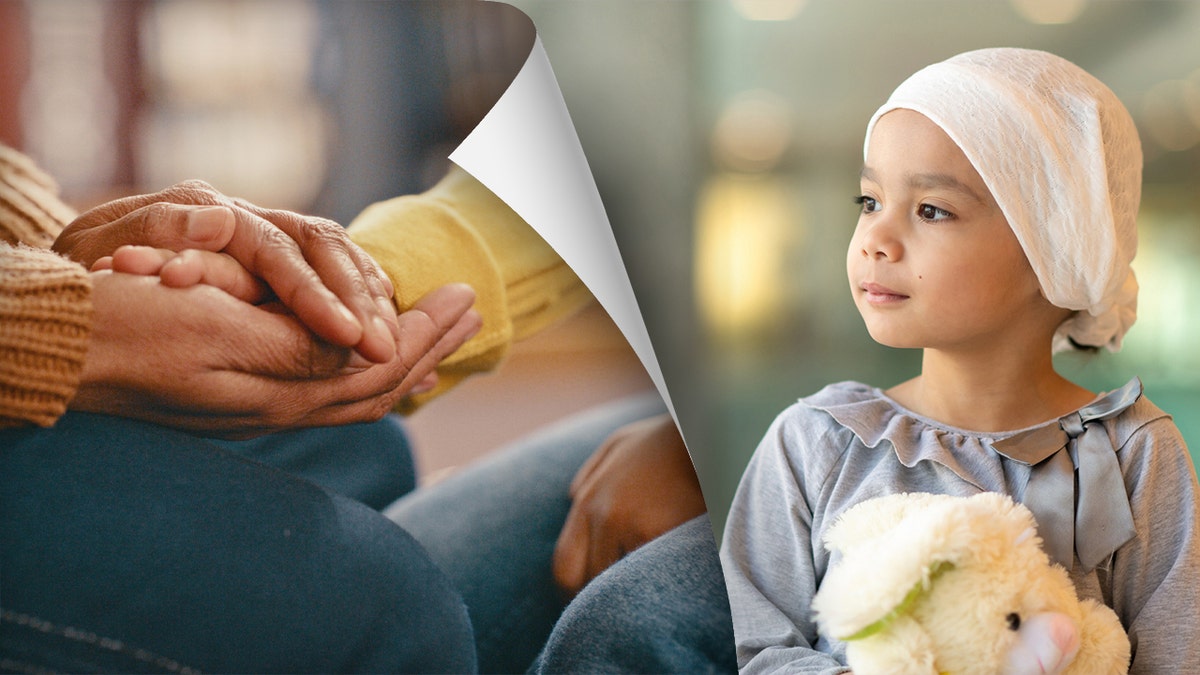 Two adults holding hands and a young child with cancer holding stuffed animal