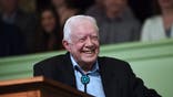Former U.S. President Jimmy Carter speaks to the congregation at Maranatha Baptist Church before teaching Sunday school in his hometown of Plains, Georgia on April 28, 2019. Carter, 94, has taught Sunday school at the church on a regular basis since leaving the White House in 1981, drawing hundreds of visitors who arrive hours before the 10:00 am lesson in order to get a seat and have a photograph taken with the former President and former First Lady Rosalynn Carter. (Photo by Paul Hennessy/NurPhoto via Getty Images)