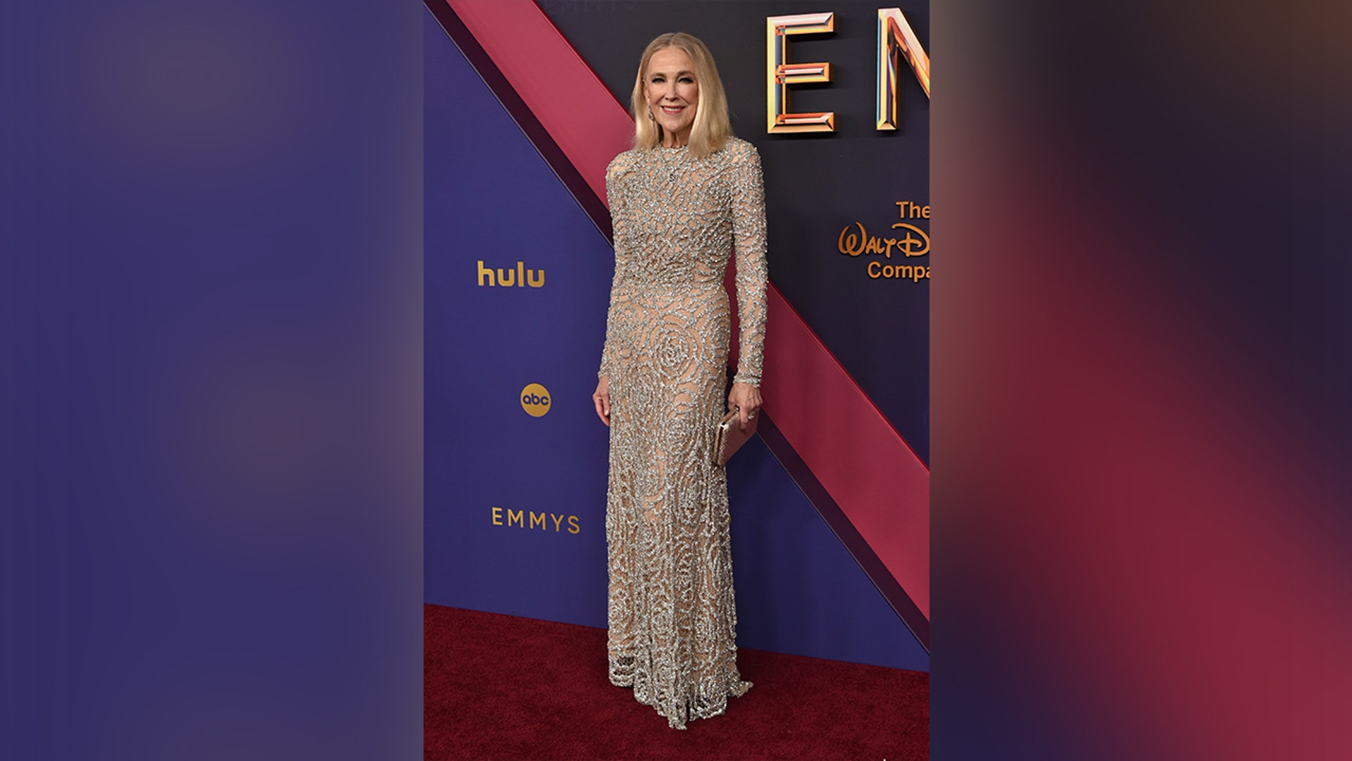 Catherine O'Hara in a beaded semi-sheer dress on the 2024 Emmy Awards red carpet.